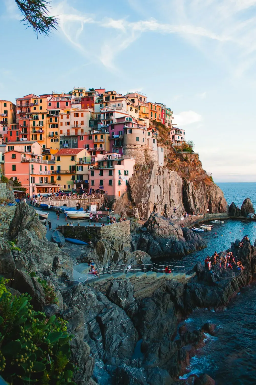 Sunlit coastal village along the Amalfi shoreline